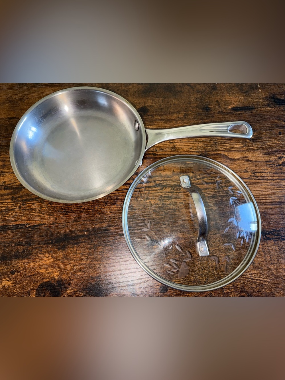 Princess House Stainless Steel Fry Pan with Etched Glass Lid - Silver 8”